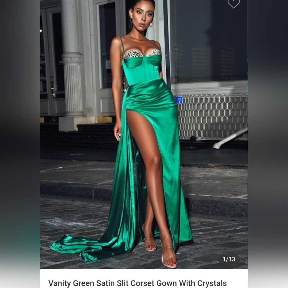 Vanitu Green Satin SlitCorset Maxi Dress with Crystal Bust and High Thigh Slit